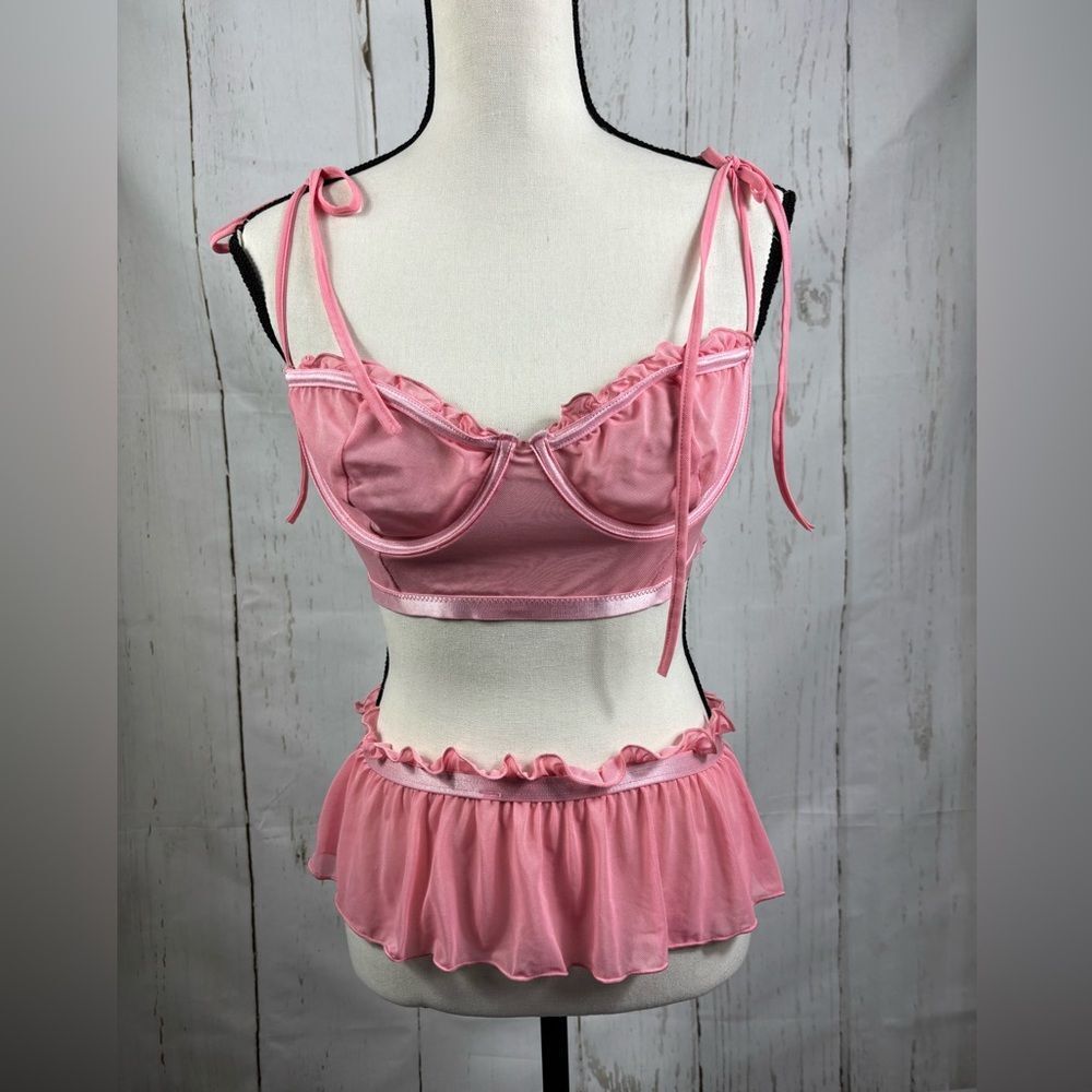Pink Sheer Mesh Lingerie 2 Pieces Set Top Bra with Belt/Skirt